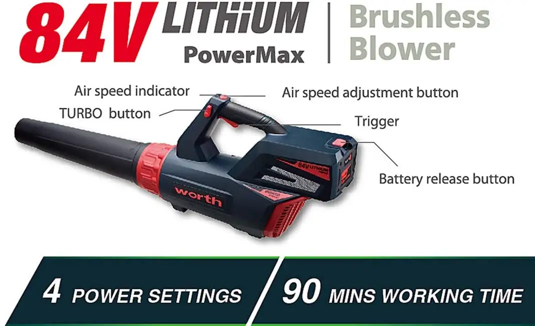 3-Speed Plus Turbo Maximum Blowing Worth Garden 84V Lithium-ion Battery,Cordless Brushless Electric Leaf Blower Kit L402A00 Battery and Charger Included 