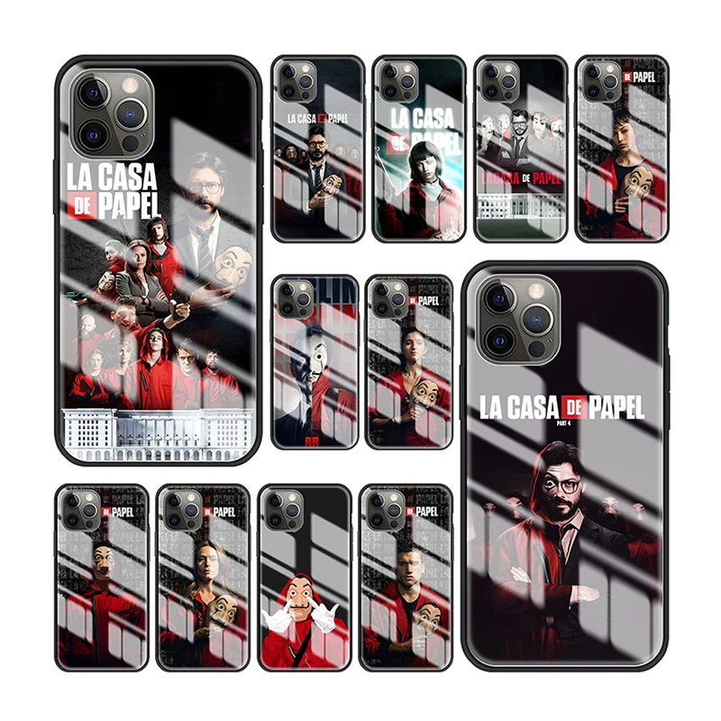 

Hot Selling Factory Price Print Tempered Glass Phone Case for iPhone 12 Pro Max La Casa De Papel Designer Mobile Cover, Black
