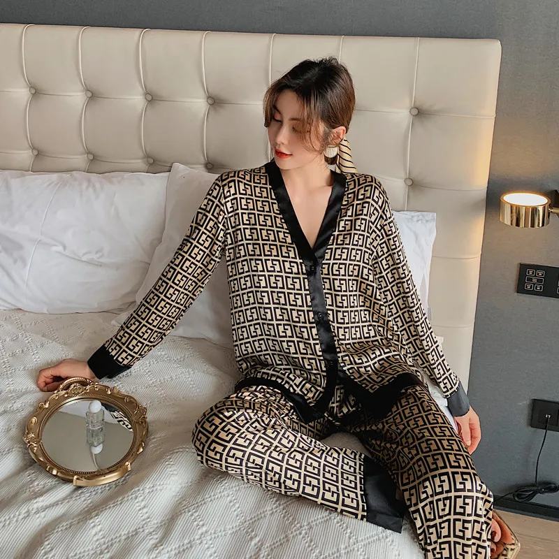 

Women's Pajamas Set Luxury Style Fashion Cross Letter Print Sleepwear Silk Like Leisure Home Clothes Nightwear 2021 Spring New