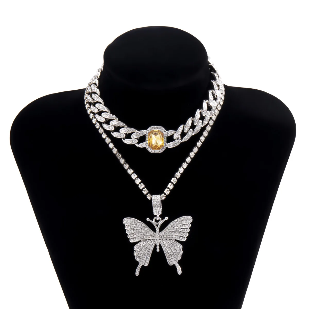 

Luxury Full Diamond Cuban Chunky Chain Butterfly Pendant Necklace Crystal Square Pendant Choker Necklace Cadena Cubana