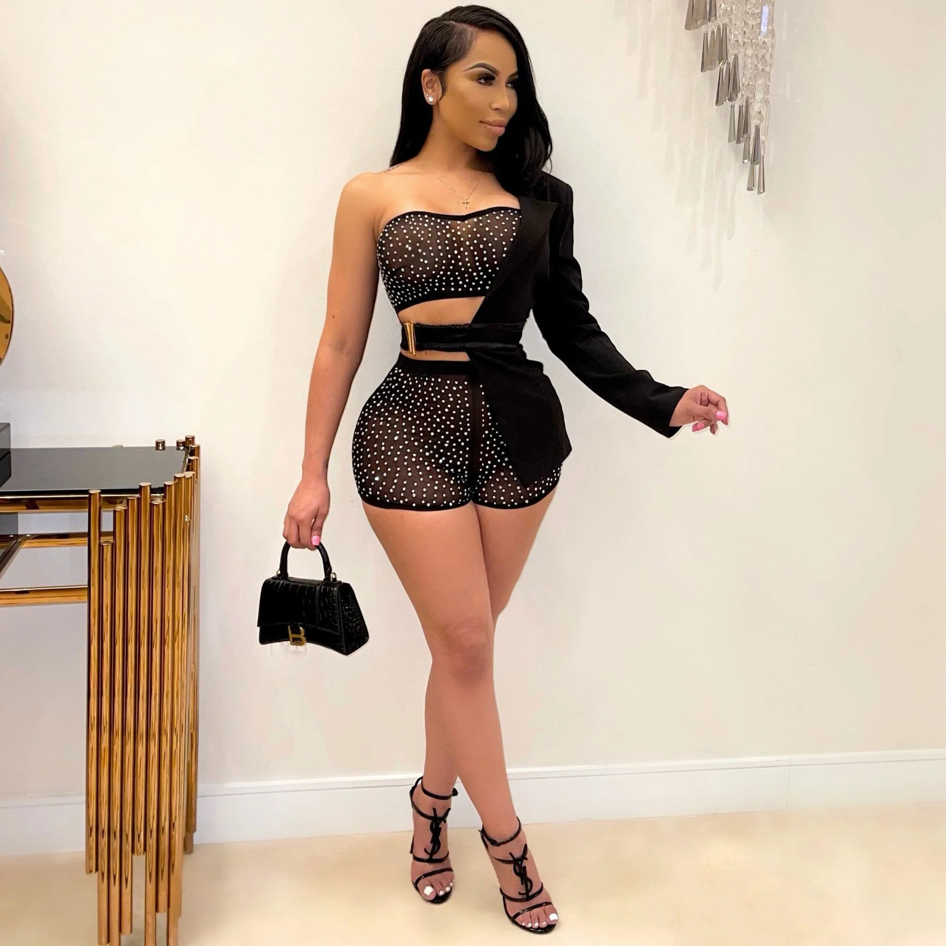 

Sexy Slim Rhinestone Three Piece Suits Sexy Outfits For Women 2021 Short Leisure Suit Women's Elastic Knitting 3 Piece Women Set
