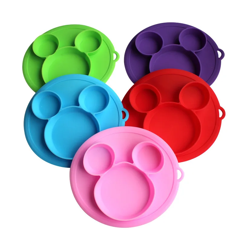 

Eco Friendly New Hot Amazon Mickey Baby Eating Plate Divided Silicone Baby Plate With Suction, Any pantone color available