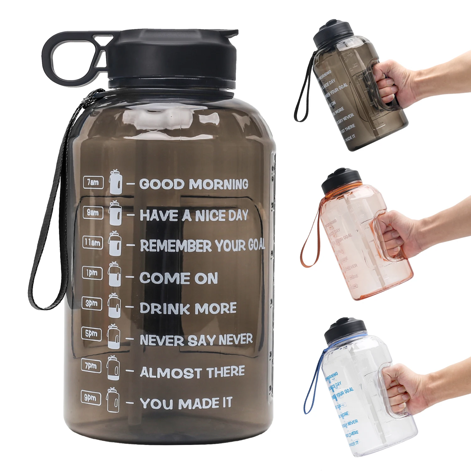 

2021hot amazon 2.2L half gallon sport water bottle transparent Large Capacity motivational Water Bottle PETG Plastic Time Marker, Customized color