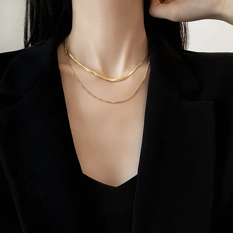 

Hip Hops Gold Plating Link Chain Necklaces Double Layers Snake Bone Chain Necklace For Women Gifts, As picture show