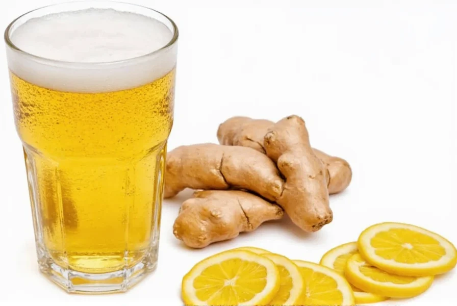Close-up comparison of ginger root, ginger tea, and commercial ginger ale cans showing minimal ginger content in soda