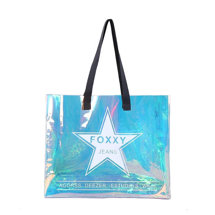 

Low MOQ Beach Transparent Plain Tote Bag Holographic Laser PVC Shopping Bag For Women holographic bag with custom logo