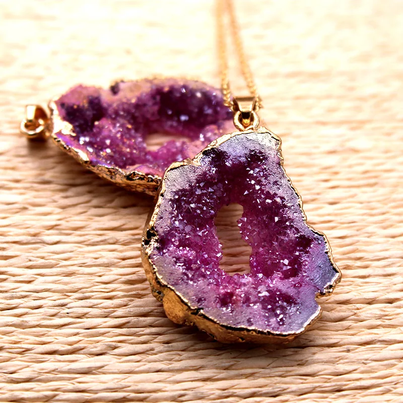 

Wholesale Crystal High quality Natural stone Charm Necklace Simple Agate Necklace Pink Agate Slice Druzy Pendant With Gold plate, Picture