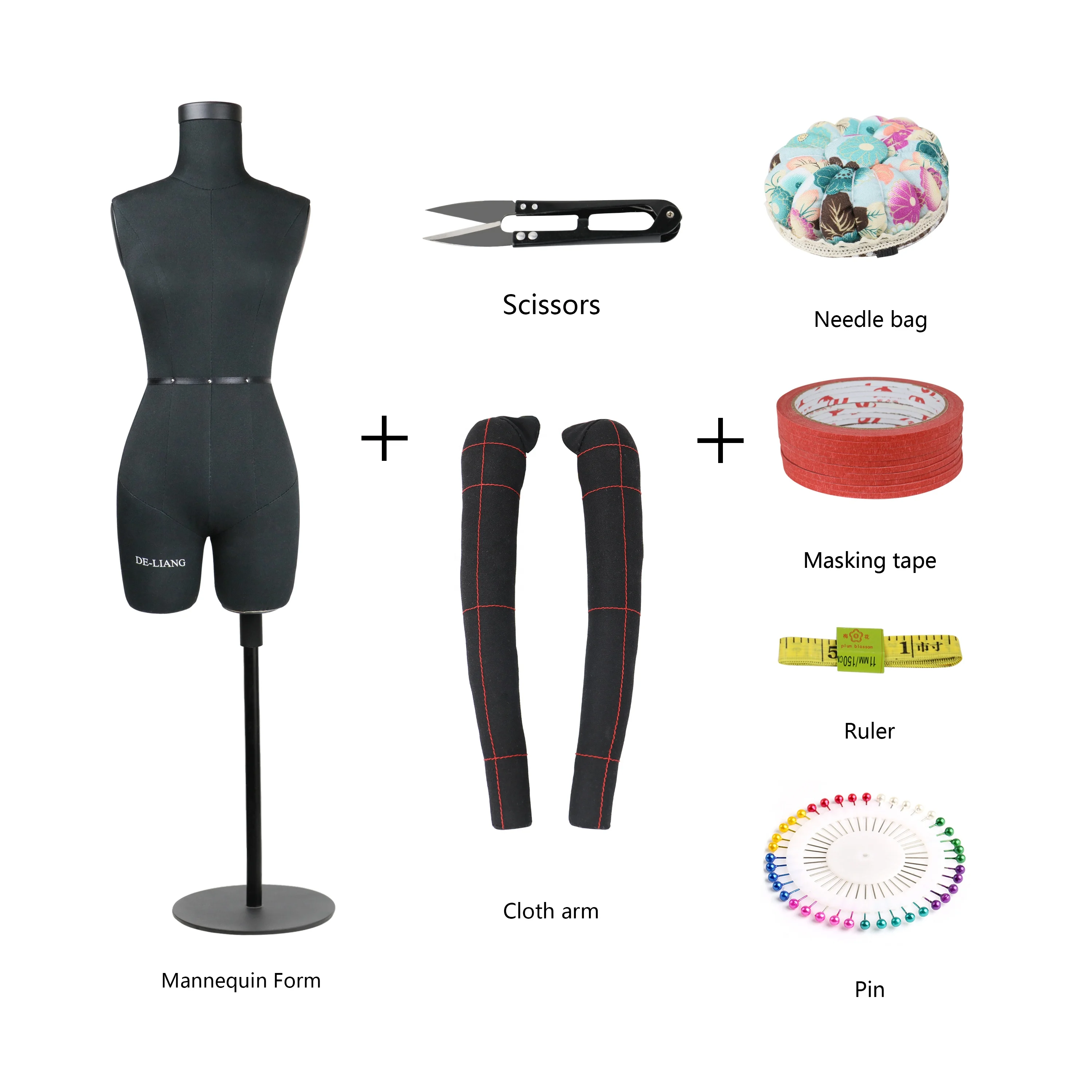 

Black Half Scale Dress Form with Draping Tape/Pin/Scissor/cotton arms/Measurement Soft Tape/Wrist Needle Bag, free shipping