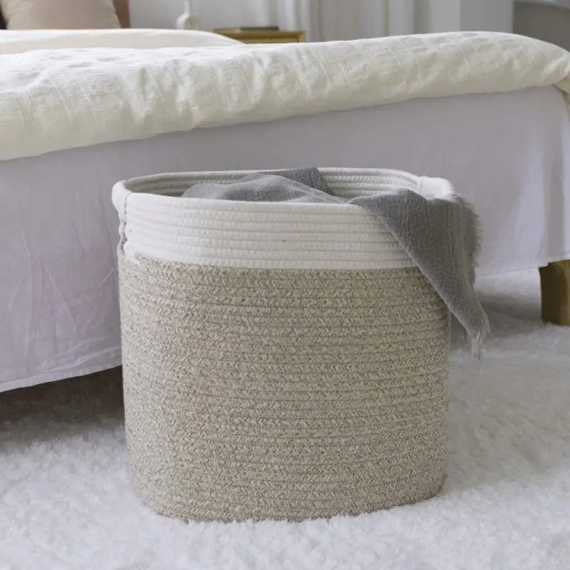 

Laundry Storage Basket Clothes Woven Cotton Rope Storage Basket With Handles, Customized