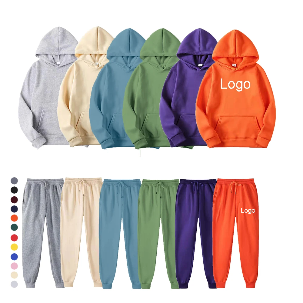 

Custom Low MOQ Sweatpants and hoodie Set Solid Color Plain Hoodies jogger Loose Oversize Men Pullover hoodie set, Shown