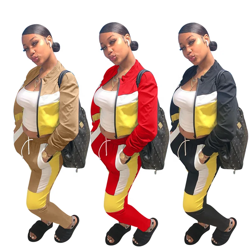 

2021 Zipper Up Patchwork Drawstring Two Piece Sweat Suits Set Women