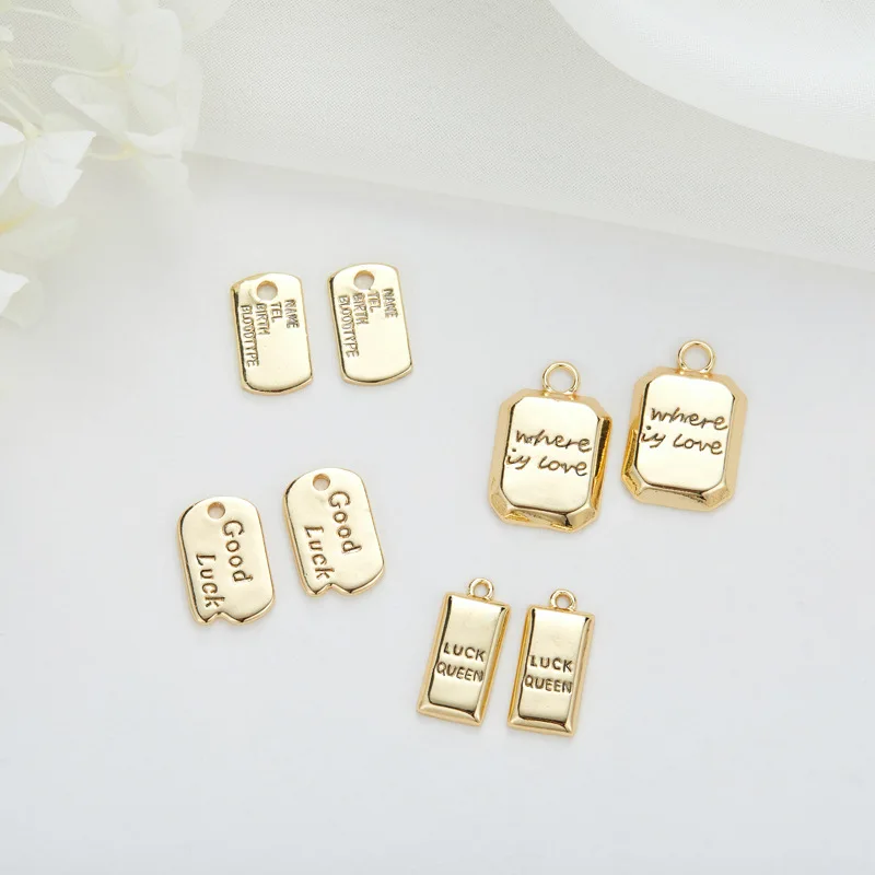 Factory Wholesale 14K Gold Plated Bullion Shaped Lettering Good Luck Small Size Cute Jewelry Charms for Necklace Bracelet Making