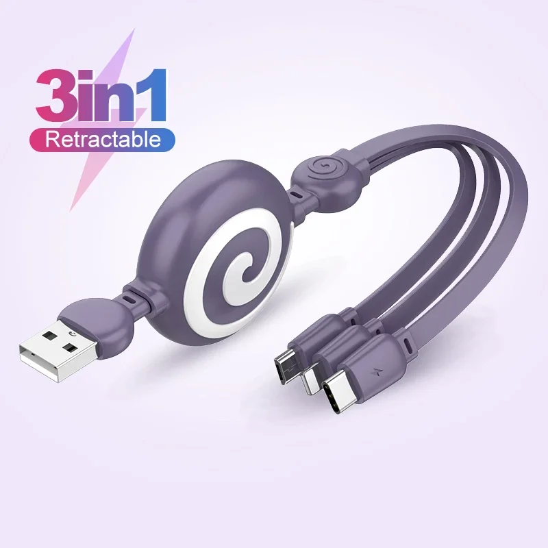 

3 In 1 USB Charging Cable USB To Micro USB/Type-C/8Pin Kable For iPhone13 12 Retractable Charger Cable 100cm 3A Fast Charge Cord, Black red blue gray