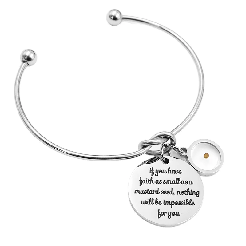 

Matthew 17:20 faith as small as a mustard seed stainless steel open knot cuff bangle bracelet christian jewelry gift, Steel color
