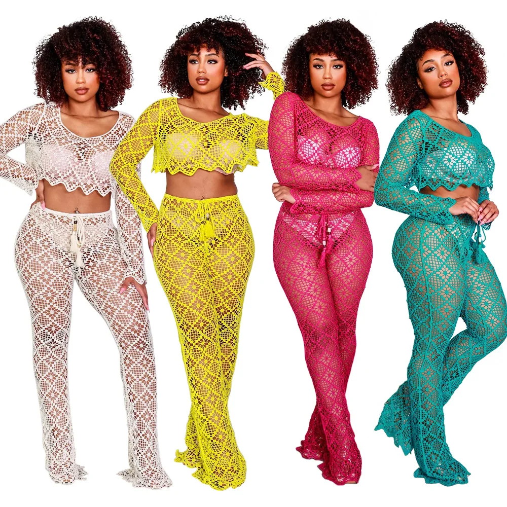 

2022 New Sexy Holiday Beach Style Women Suit Long Sleeve Hollow Out Dew Waist Top Elastic Long Pants Pure Color Lady 2 Piece Set