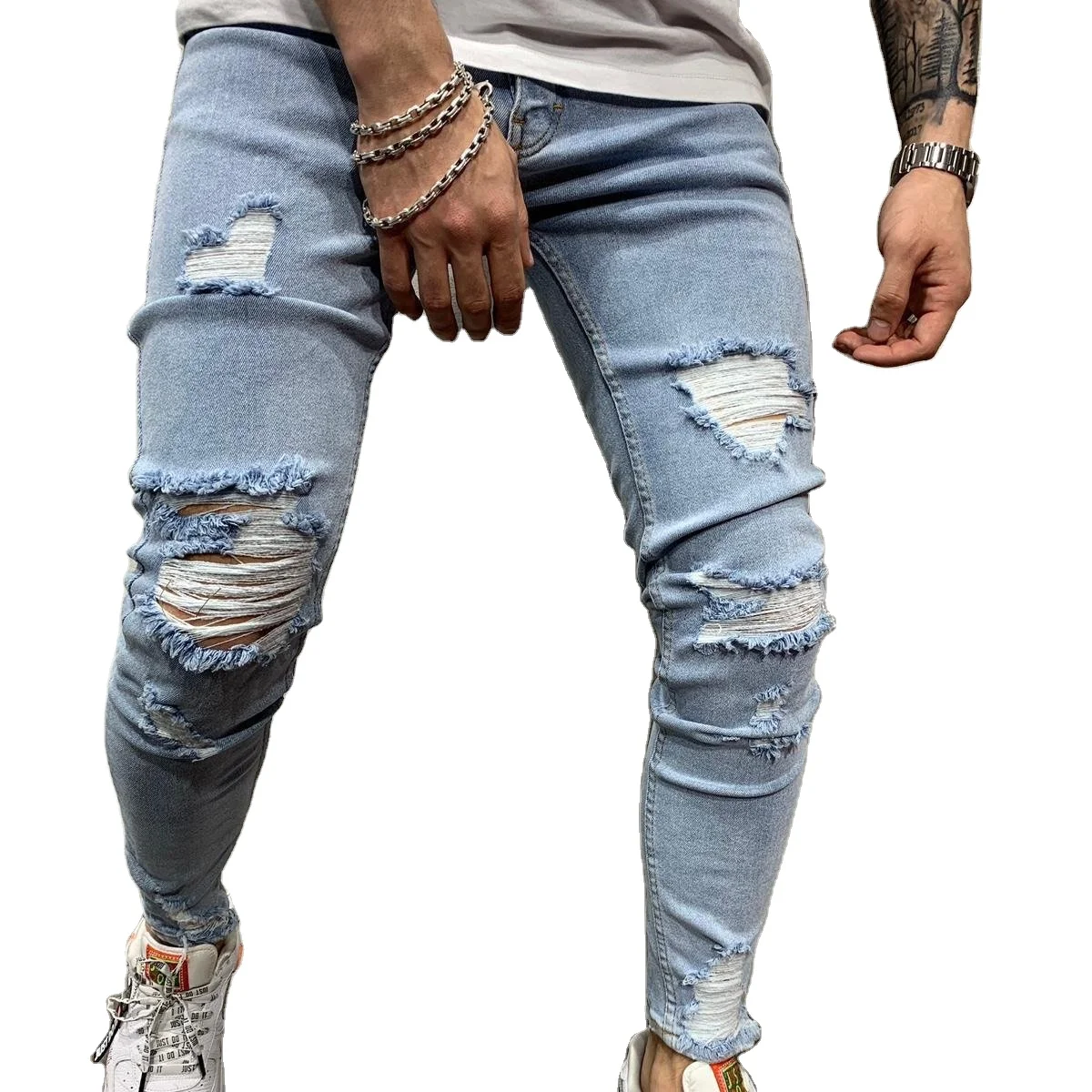 

APOLLO Custom Low Price Stylish Slim Fit Pants Hole Distressed Trousers Frayed Ripped Denim Men's Jeans