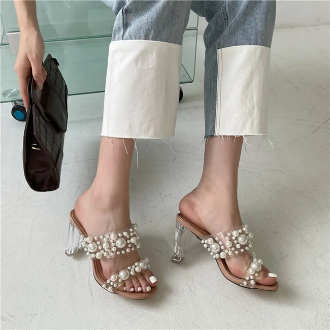 

Custom Wholesale Clear PVC Women Sandals Open Toe High Heel Shoes for women jewel beautiful mules, Picture color
