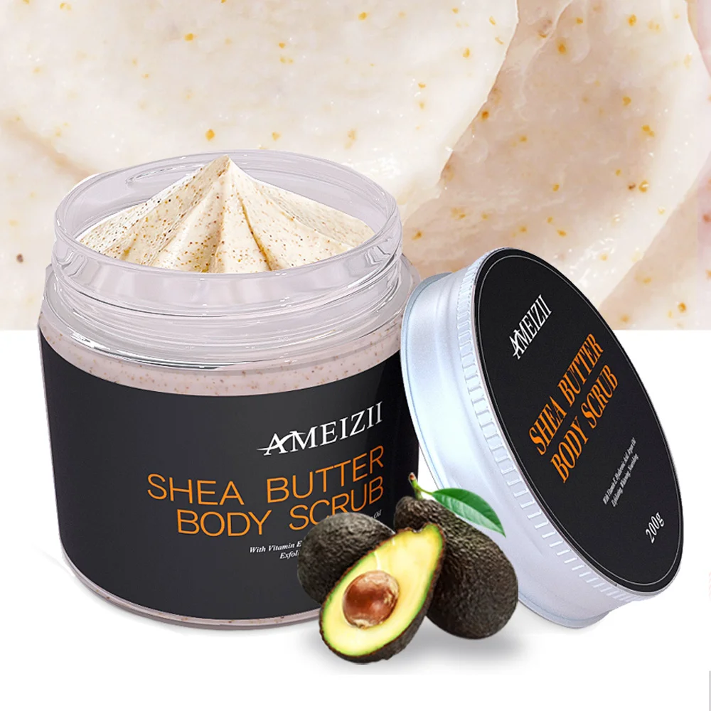 

2021 Natural Exfoliating Body Scrub With Shea Butter Whitening Nourishing Firming Skin Care Organic Exfoliante Bodyscrub Jars