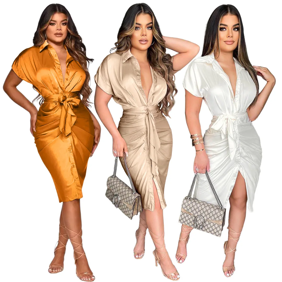 

ASL-6393 Nightclub Wear Women'S Reflective Silk Pleated Tie Shirt Dress