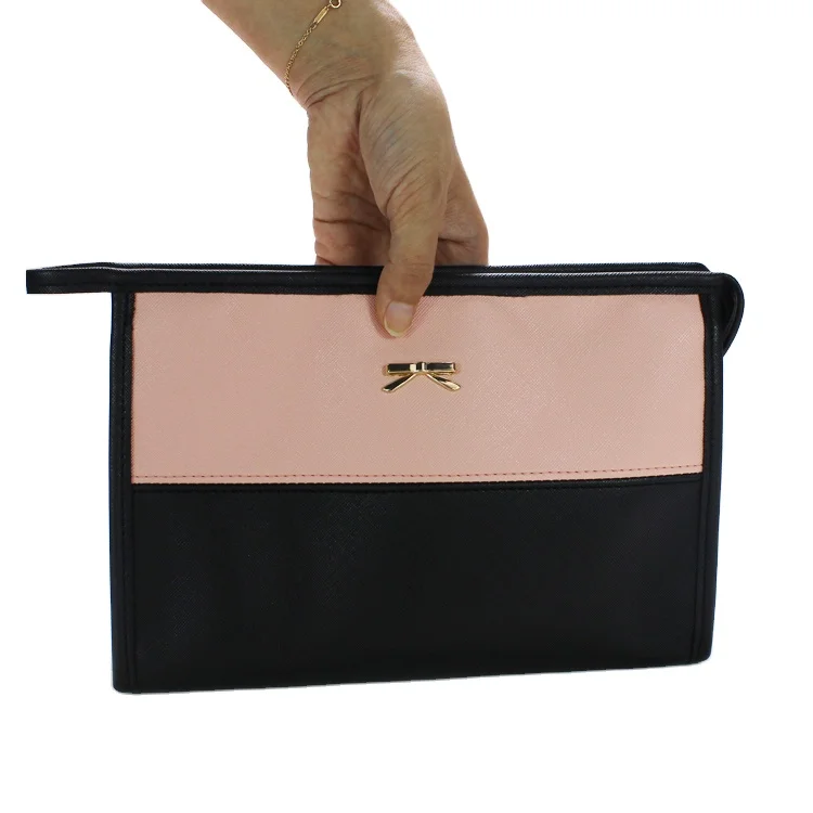 

New Design Popular Metallic Bow Cosmetic Make Up Bag Makeup Leather Beauty Pouch Case, Pin and black,customized