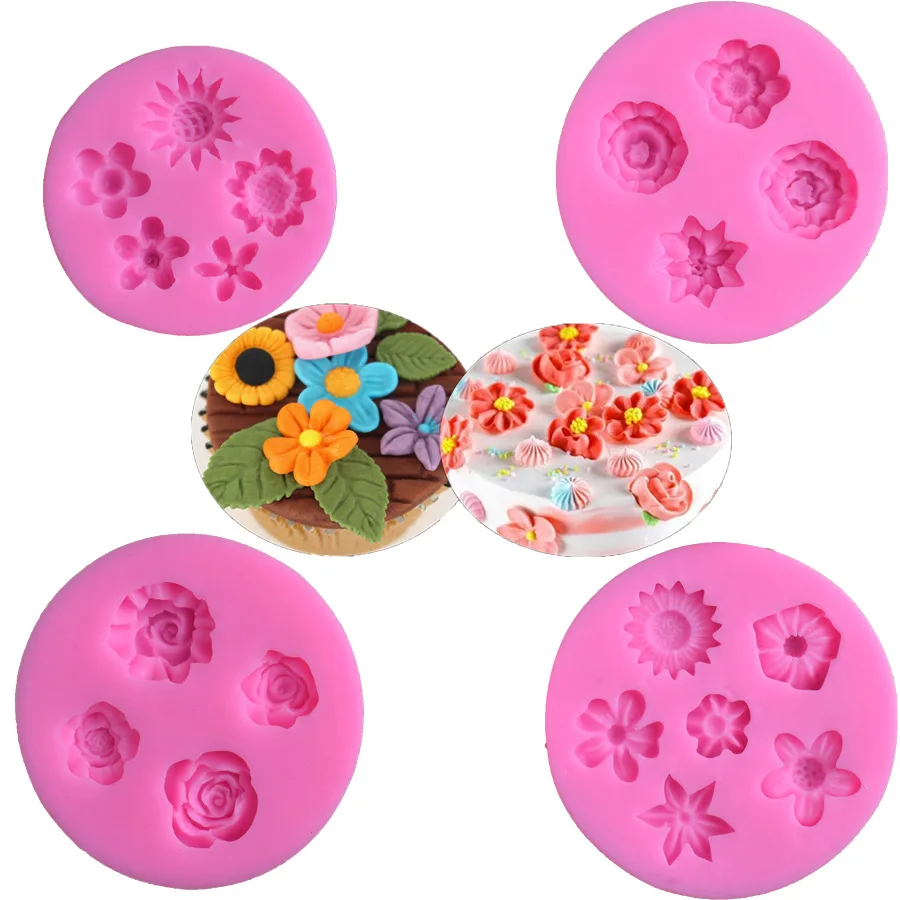 

4 kind flower fondant silicone molds DIY chocolate baking cake decoration clay plaster accessory mold, As picture