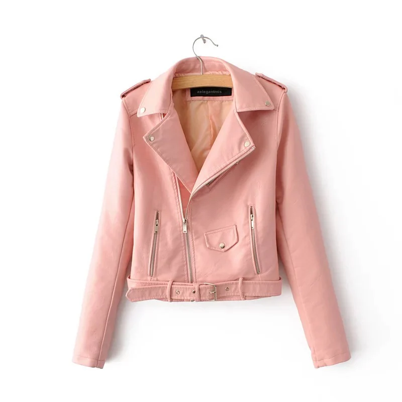 
Ladies Basic Street Coat Crop Tops Zipper Motorcycle PU Leather Jacket 