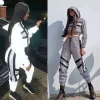 

Ecoparty Women fashion Streetwear Reflective tracksuit 2 piece set Women Crop Top Summer Cool hooded top cargo pants reflective