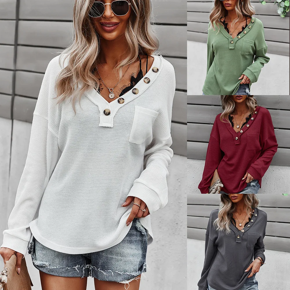 

2021 autumn long sleeve women t shirt button loose casual hoodies pullovers fashion ladies tops