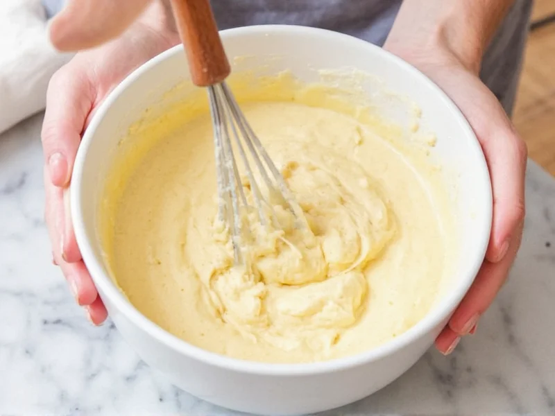 Stirring fast bread batter in ceramic bowl