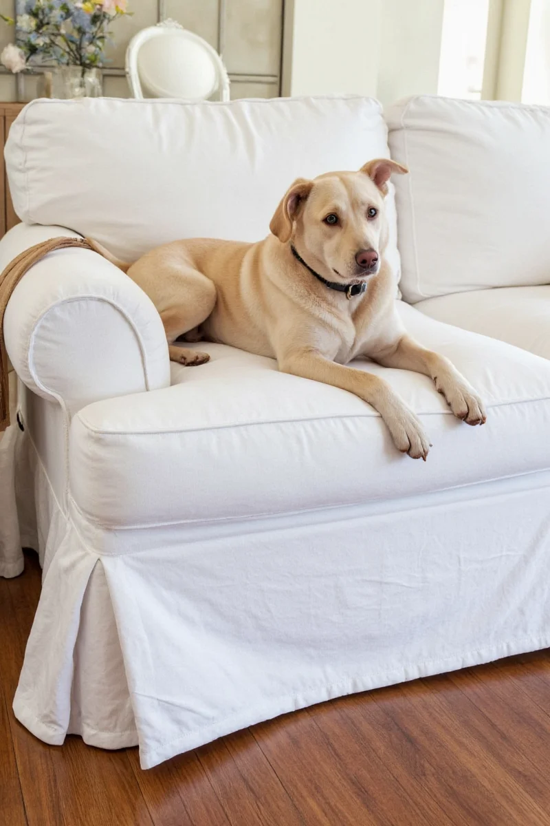 Before and After: A beige sofa covered in pet hair vs. a beautifully protected sofa with a navy blue slipcover.