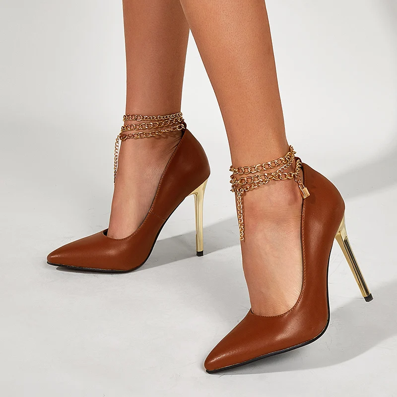 

2021 NEW Spring Fashion PU Women's Pumps 2021 Sexy Thin Heels Pointed Toe Chain Ankle Strap Solid Party Buckle Wedding, Black brown