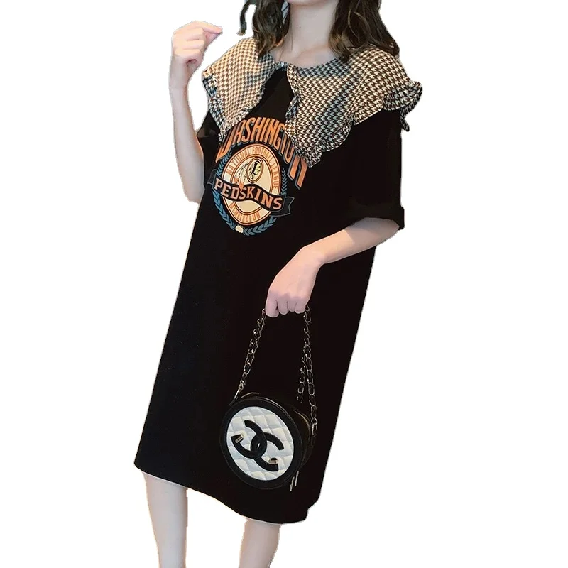 

Women's short sleeve T - shirt skirt stitching doll collar loose large size long dress