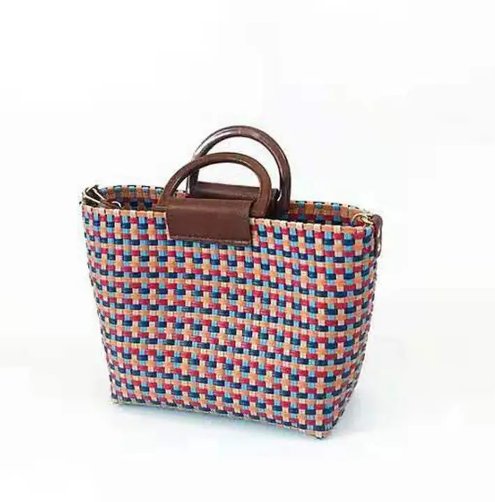 

wholesale summer women natural beach tote bag ladies shopper handbag plastic basket straw bag