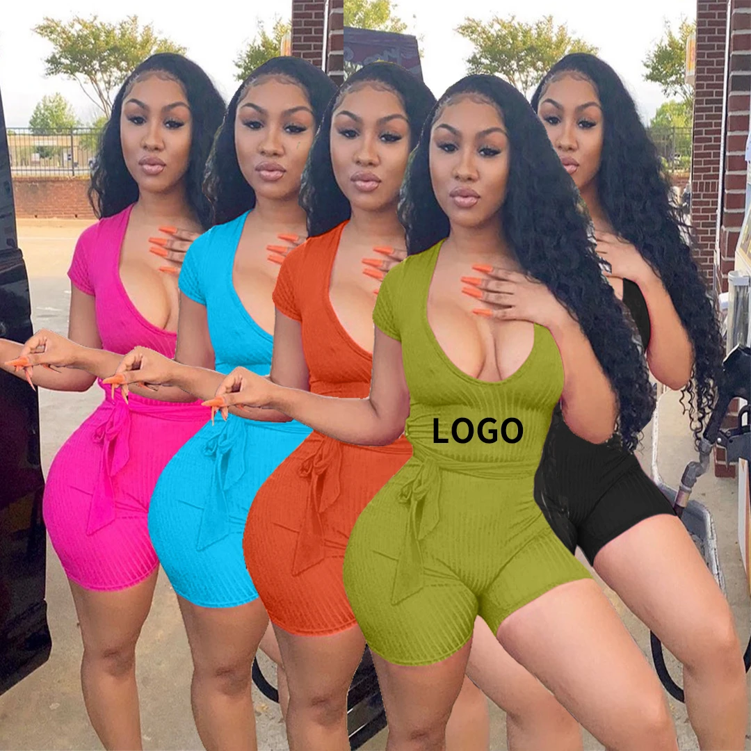 

2021 new arrival adult multi v-neck vest elastic bodysuit casual women short sleeve and pant romper short one piece jumpsuit