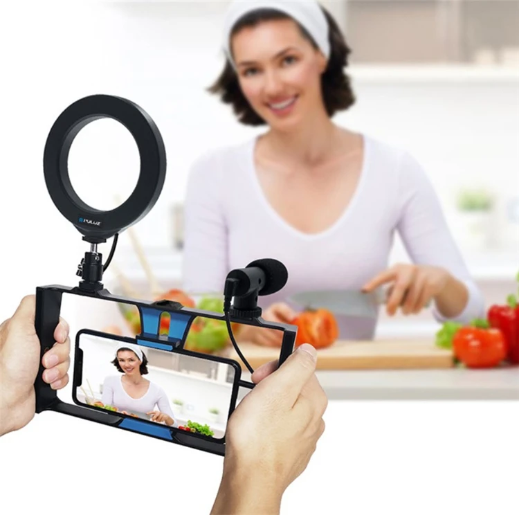 

3 in 1 Outdoor Indoor Use Easy Hold Phone & Video Shooting USB Power LED Light Microphone Mini Travel Live Broadcast Set, Red & blue