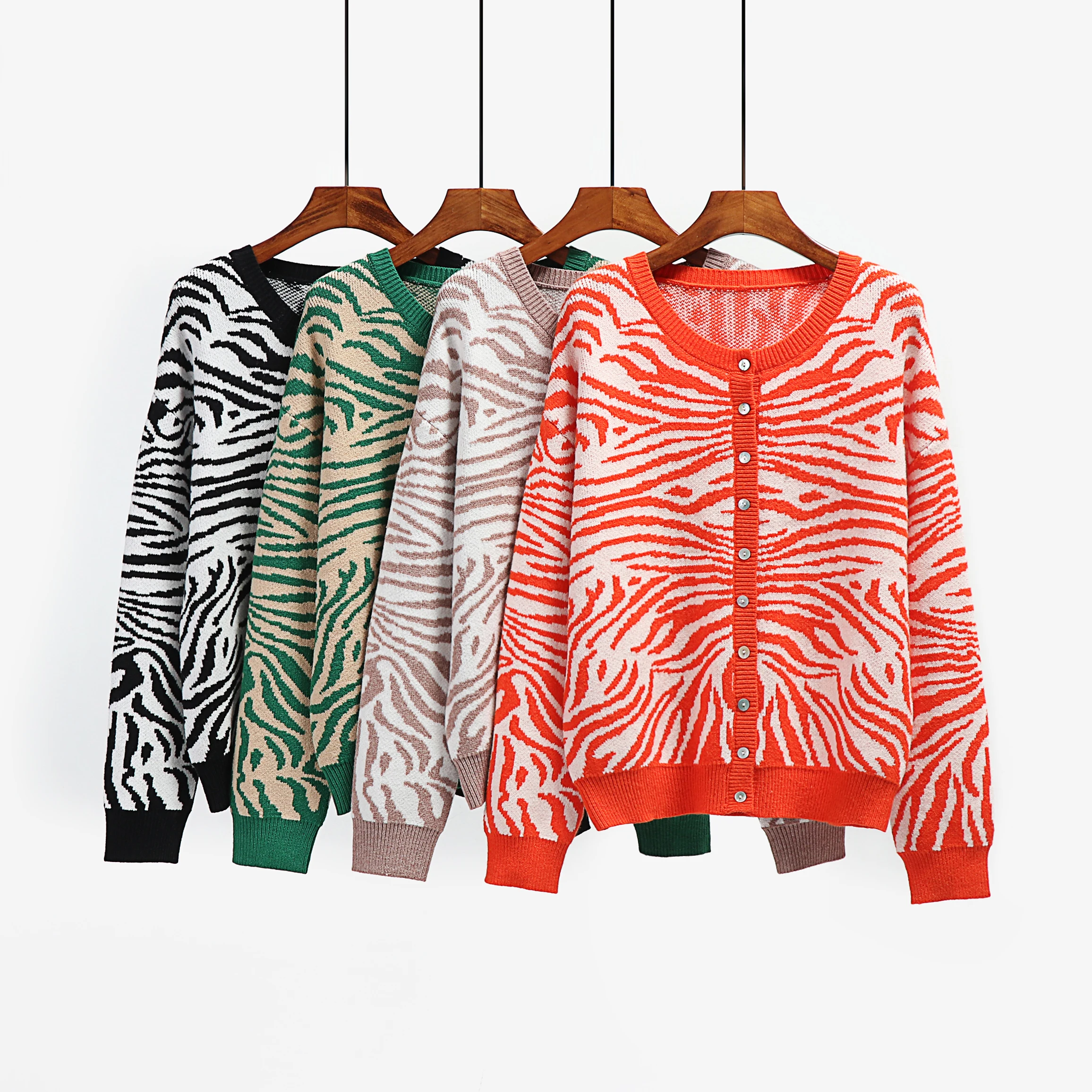 

High Quality Zebra Stripe Print Knitting Cardigan Long Sleeve Button Up Casual Sweater Coat for Women