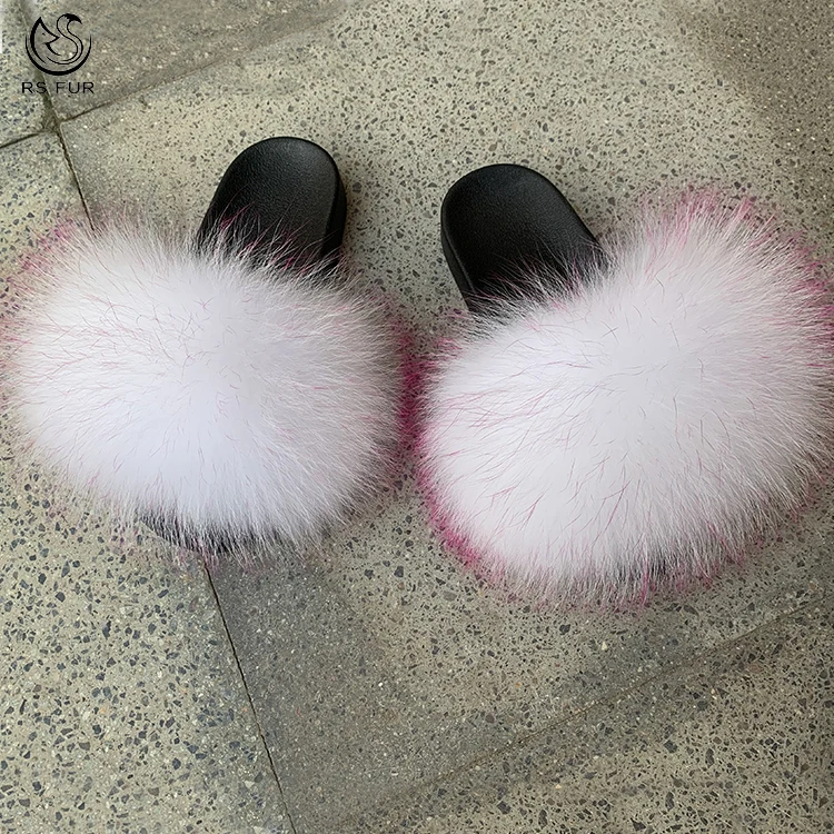 black fluffy slides