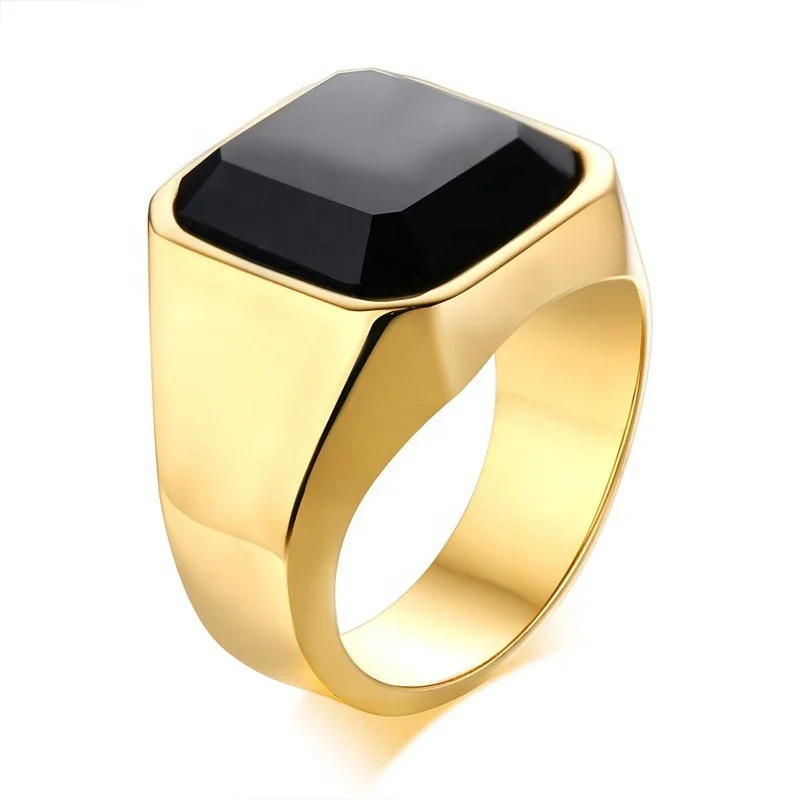 

Saudi Arabia Plated 18K Yellow Gold Jewelry Square Black Gemstone Big 316L Stainless Steel Men Agate Ring