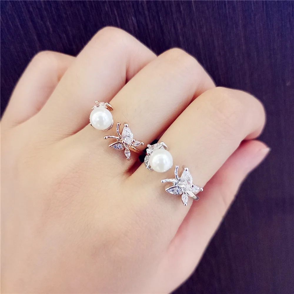 

HONGTONG Factory Outlet Amazon Hot Selling Korean Small Fresh Three-dimensional Zircon Butterfly Pearl Open Ring For Women, Picture shows