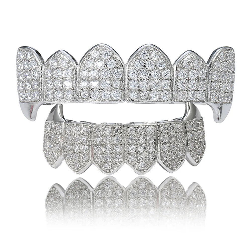 

Fashion Crystal Encrusted Gold Silver Plated Cubic Zircon Teeth Grillz Top Bottom Hip Hop Double Row Teeth Grillz
