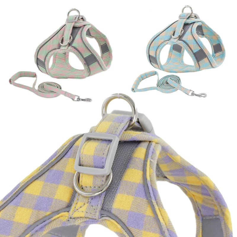 

New Arrivals 2021 Designer Fashion Dog Harness Cute Harness Plaid Cotton Reflective Harness And Leash Set, 6 colors