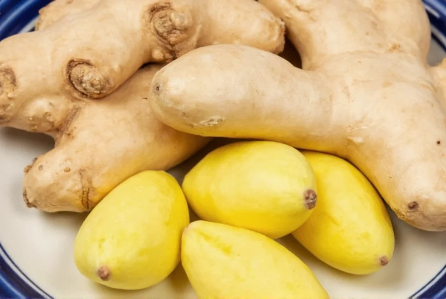 Close-up of fresh raw ginger root with peeled and unpeeled sections showing fibrous texture and golden interior