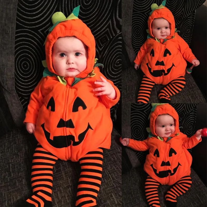 

Best Selling Halloween Baby Romper 3M to 24M Adorable Pumpkin Hooded Thick Fall Autumn Baby Rompers