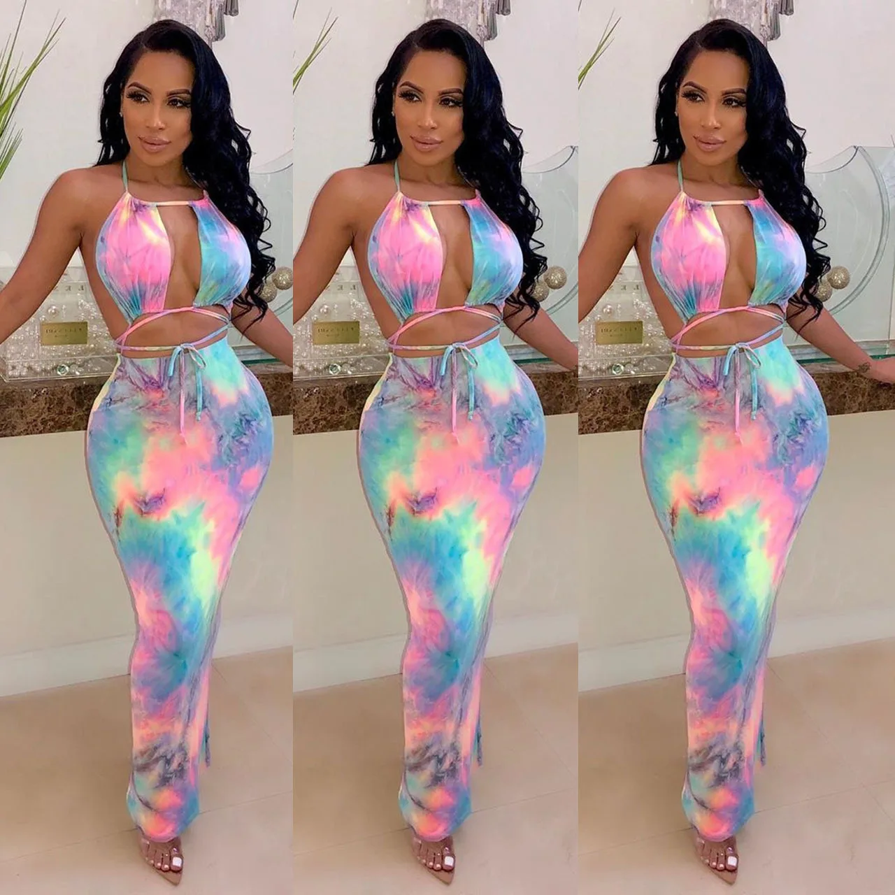 

Summer Women Casual Dresses Halterneck Sleeveless Bodycon Women Cut Out Wrap Tie Dye Maxi Dress, Pink