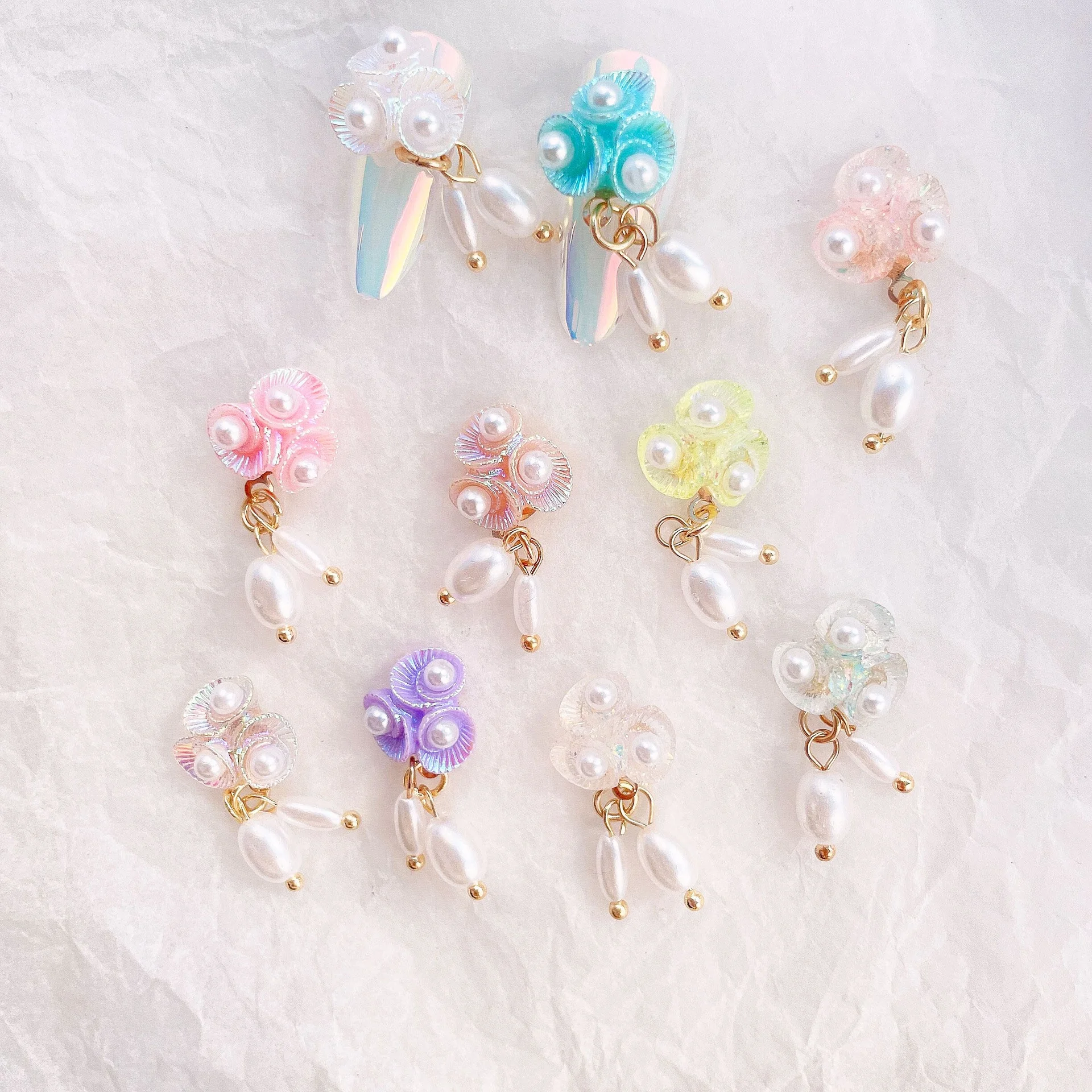 

new hot sale dangle aurora flower night glow charm shining hanging 3d alloy resin pearls nail art decorations, 10