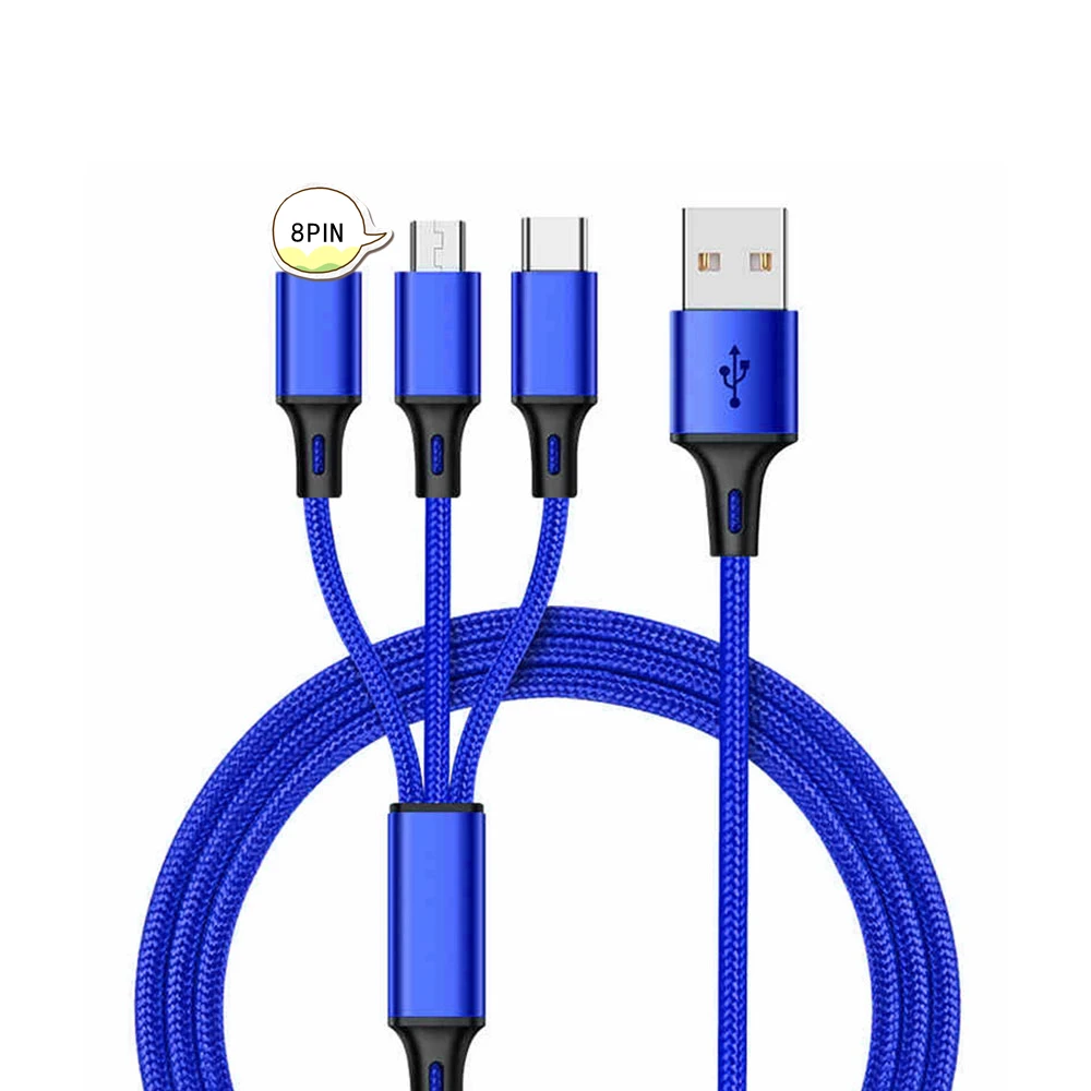 

Blue Black Red Aluminum+ Nylon Braided 2.4A Usb Multi Charger Cables Usb 3 in 1 Charging Cable no Data Transmission, Black, blue, red, grey