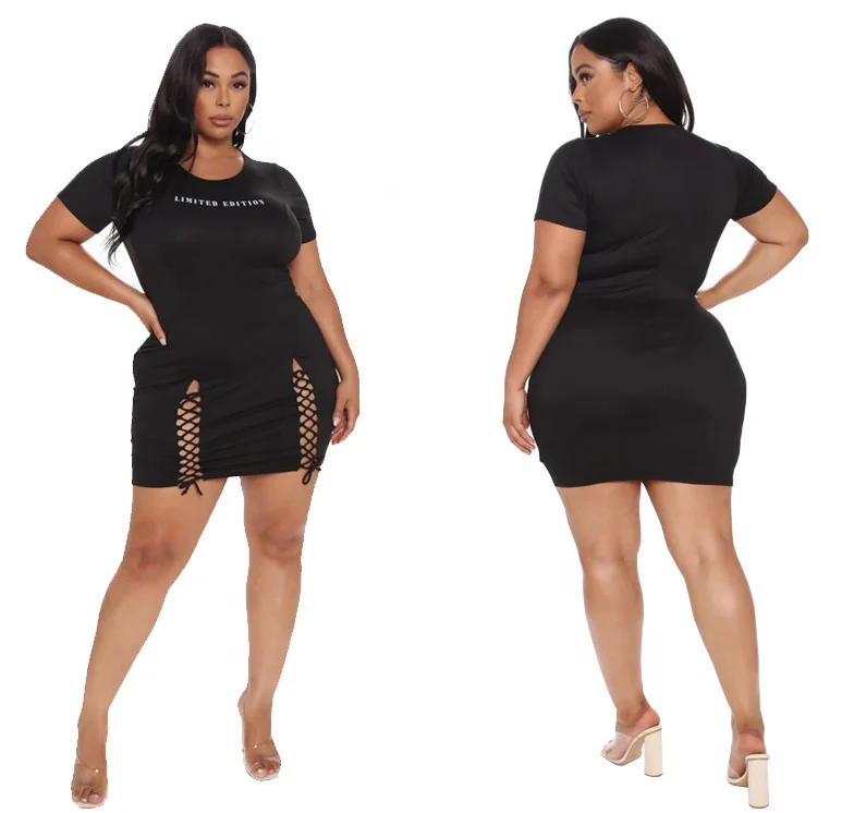 

New arrival sexy hollow out drawstring 5xl oversize fat girl tshirt dress