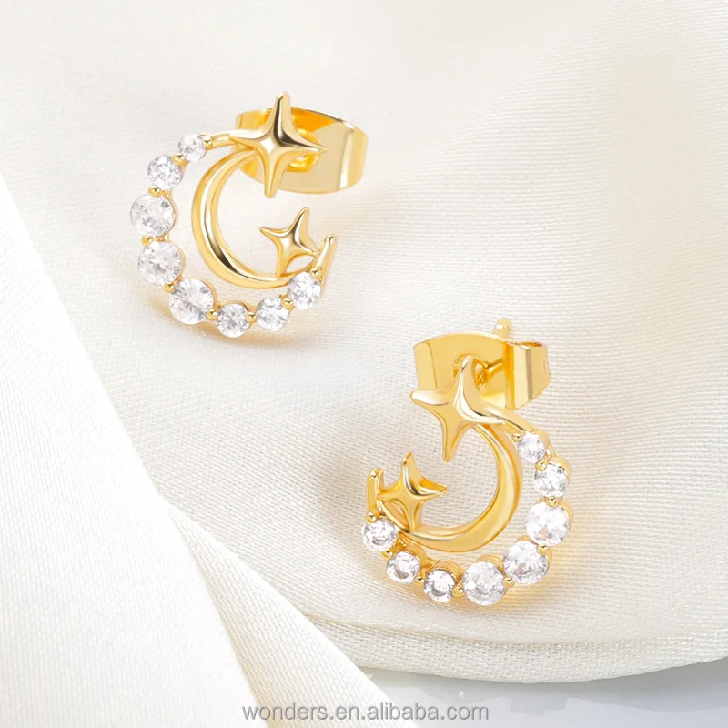 

CZ Moon Gold Plated 18K Earrings Half Moon Star Stud Earrings Trendy Jewelry for Women Girls