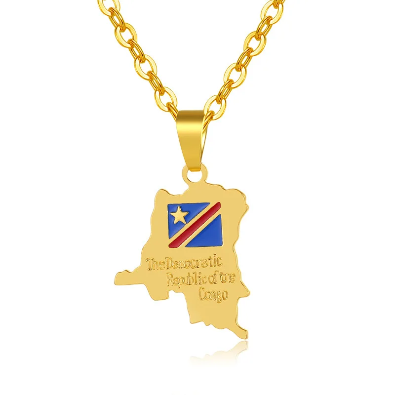 

Gold plated stainless steel engraved Democratic Republic of Congo map pendant african necklace