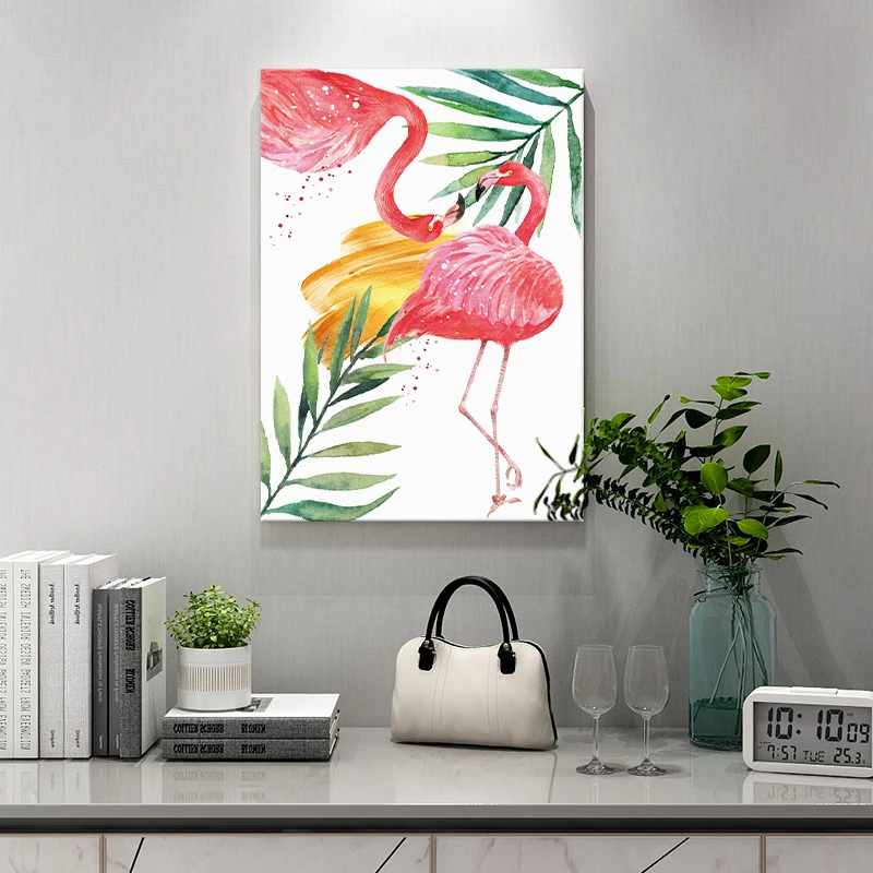 modern animal watercolor flamingo painting canvas printing service and frameless green plant wall art the living room